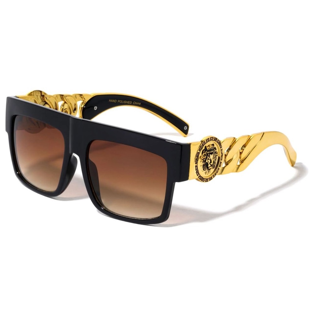 Kleo Grandeur Classic Square Side Coin Lion Head Chain Hip Hop Sunglasses Lentes